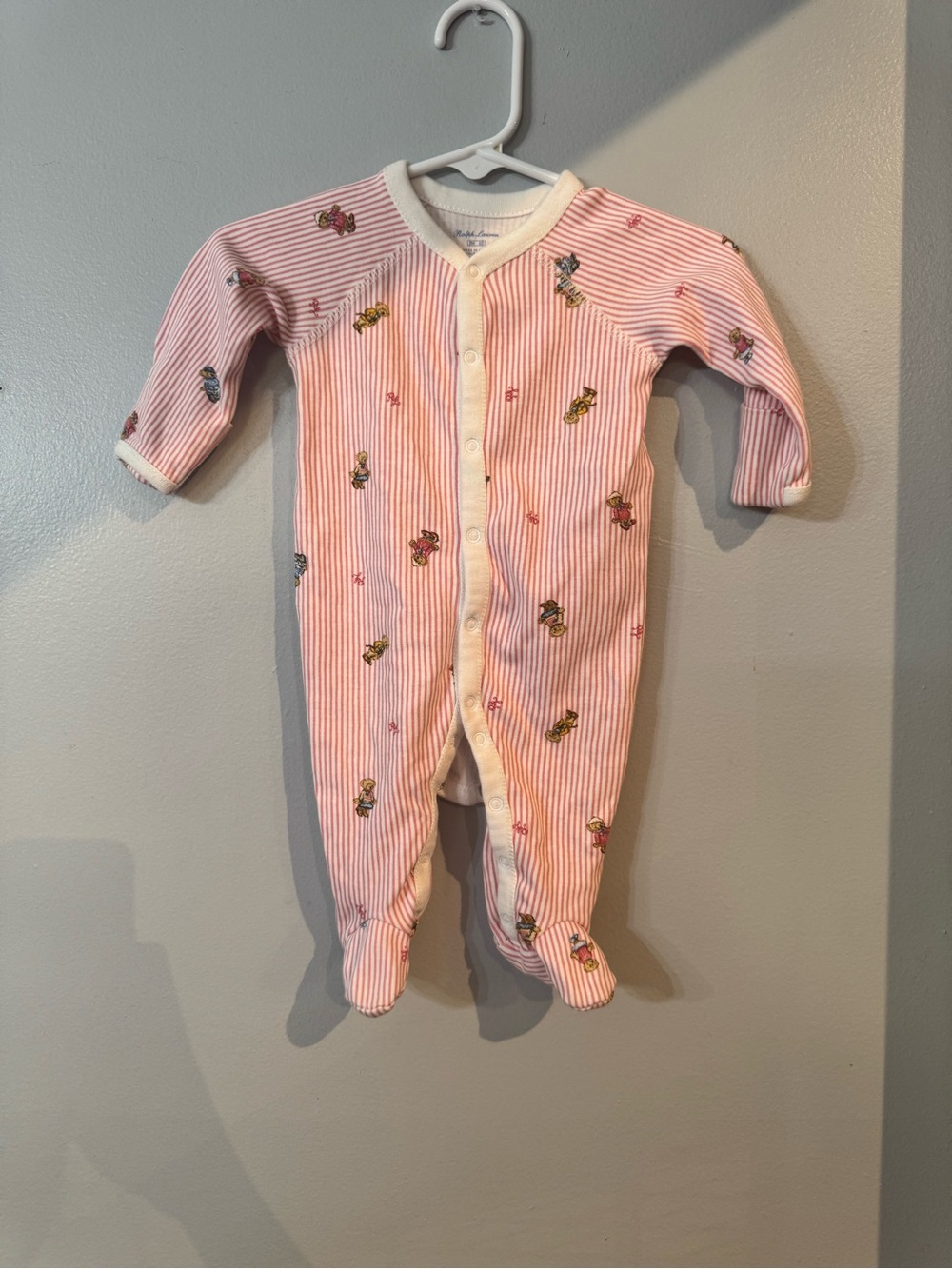 Ralph Lauren Pink & White Striped Footed One-Piece with Teddy Bear Motifs